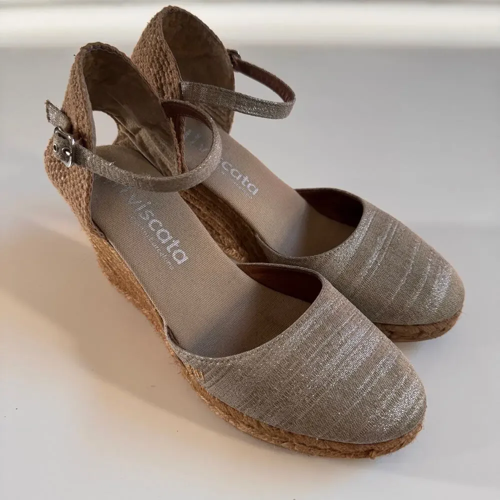 Viscata Barcelona Satuna Canvas Espadrille Wedge Sandal Tan Silver Size 39 US 9